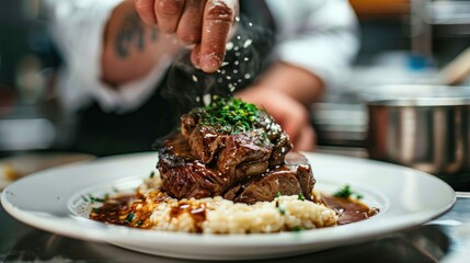 An intimate Venetian bistro, where a chef prepares classic veal osso buco, braising the meat until it's fall- - obrazy, fototapety, plakaty