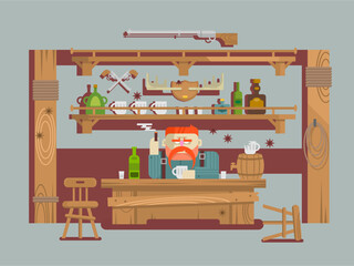 Interior of the bar. Stern man and alcohol beer, tavern or pub, flat vector illustration