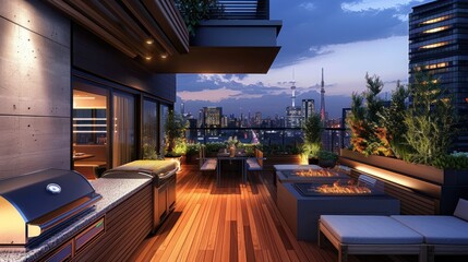 An urban rooftop BBQ, where a modern grill serves up gourmet sausages and vegetable kebabs,  - obrazy, fototapety, plakaty