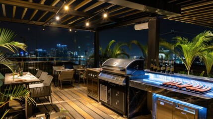 An urban rooftop BBQ, where a modern grill serves up gourmet sausages and vegetable kebabs, with a  - obrazy, fototapety, plakaty