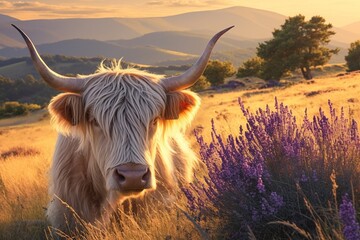 Highland cow amidst Bougatsa fields, haven of Corba, bacon scents mingle clean sharp focus - obrazy, fototapety, plakaty