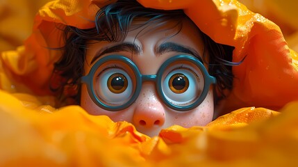 A playful 3D cartoon character illustration engaging in a game of hide-and-seek against a seamless...