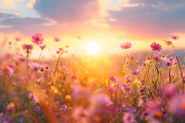 Beautiful meadow with wild flowers over sunset sky, nature field background with sun flare. Perfect for nature and outdoor-related content.