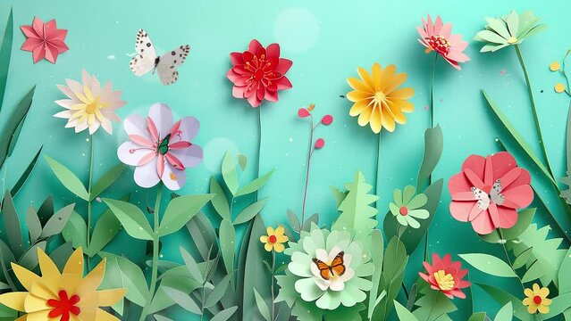 pastel green background with spring sale with paper cut flowers in paper cut style. seamless looping overlay 4k virtual video animation background