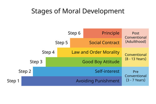 6 stages of moral development of principle, social contact, self interested, avoid punishment,  good boy attitude, law and order morality