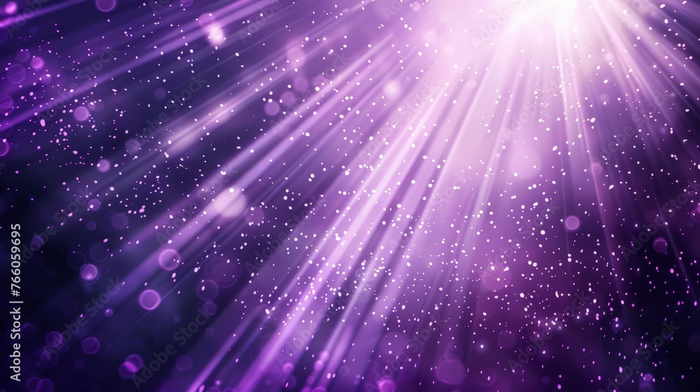 Poster abstract purple light rays on black background with lighting effect and bokeh.