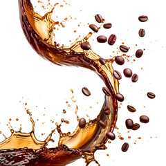 wave of splashing coffee with coffee beans
