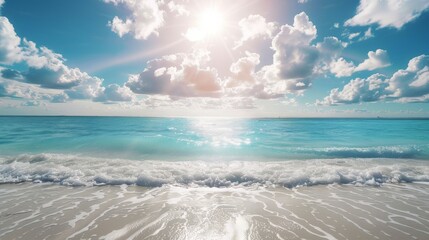 A summer vacation, holiday background of a tropical beach and blue sea and white clouds with sun flare. - obrazy, fototapety, plakaty