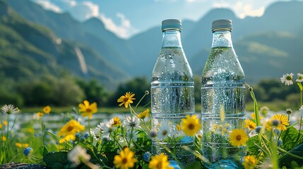 Bottles and glasses of pure mineral water with a mountain landscape in the background