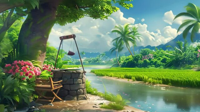 Idyllic rural landscape with a well, lush greenery, and a tranquil river under a bright sky