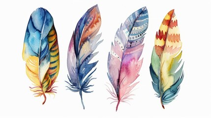 Hand drawn watercolor vibrant feather set. Boho style. illustration isolated on white. Bird fly design for T-shirt, invitation,