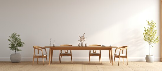 A dining room featuring a long rectangular hardwood table with chairs, set against a white wall. The wood stain lends a touch of elegance to the outdoor furniture