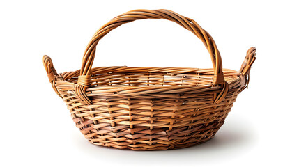 An empty wicker basket with handles isolated on white, suitable for storage and organization, or for use in picnics.