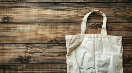 International Plastic Bag Free Day concept: Top view and close up of White cotton bag on wooden background,