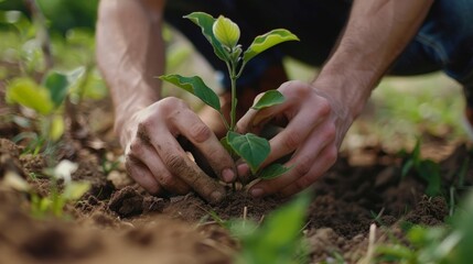 Fototapeta premium Planting a tree. Close-up on young man planting the tree while working in the garden