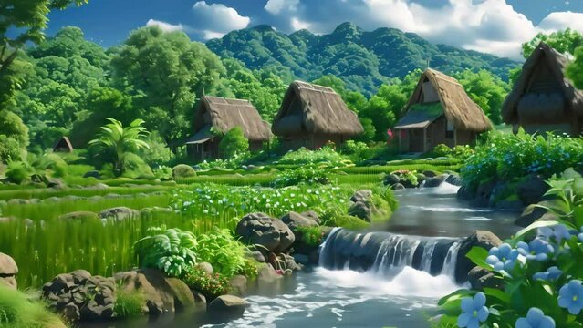 Idyllic rural landscape with thatched cottages, lush greenery, a tranquil river, and a small waterfall