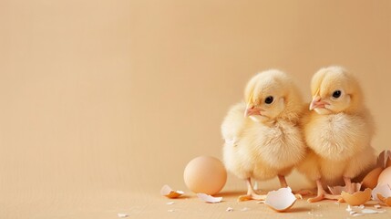 Two cute chicks and pieces of eggshell on beige background, closeup with space for text. Baby animals - obrazy, fototapety, plakaty