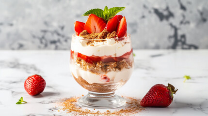 Italian strawberry tiramisu dessert with mascarpone and whipped cream. Generative Ai