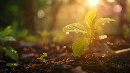 Young plant in the morning light - obrazy, fototapety, plakaty