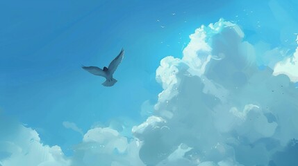 A solitary bird soaring gracefully against the vast expanse of the blue sky, its wings outstretched...