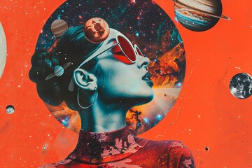 Minimalist retro art college in the style of surrealism, beautiful woman and planets - obrazy, fototapety, plakaty