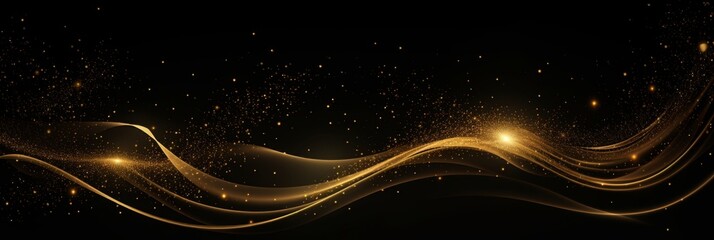 On black background golden waves with particles