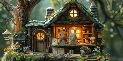 A cute, miniature 3D scene showing a group of friendly, woodland creatures (squirrels, rabbits, and hedgehogs) diligently working together in a whimsical, tree-housed office