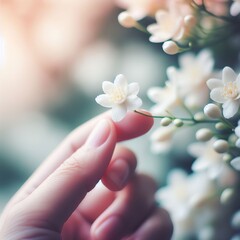 Female hand holding white jasmine flowers on blurred background, selective focus