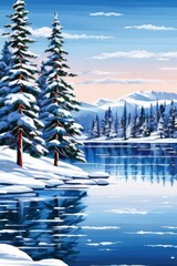Winter Snowy Pine Trees and Tranquil Lake