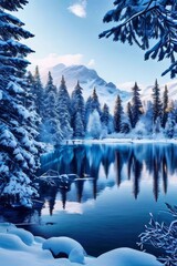 Fototapeta na wymiar Winter Snowy Pine Trees and Tranquil Lake