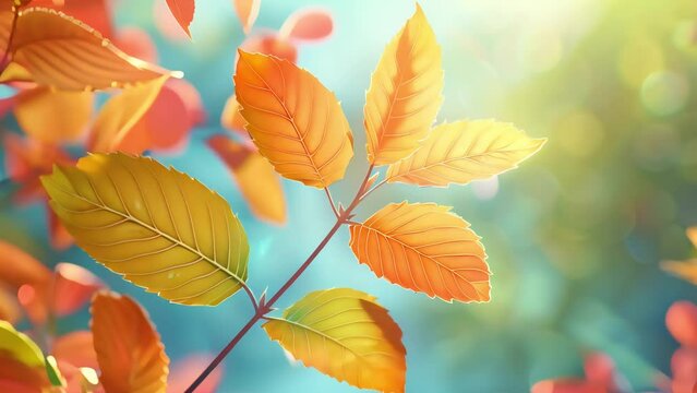 Autumn leaves in sunlight with a soft-focus background, showcasing warm fall colors and natural beauty