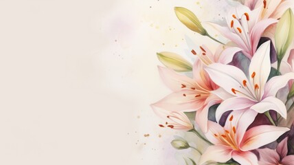 Watercolor composition of white lilies on light pinkish background . Romantic style. A lot of copy space, Valentine's Day, Easter, Birthday, Happy Women's Day, Mother's Day card.