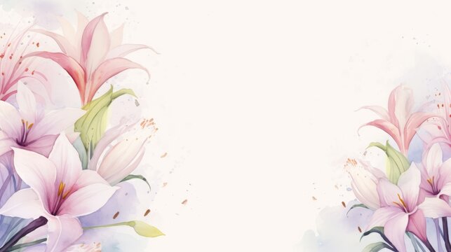 Watercolor composition of white lilies  on light pinkish background . Romantic style.  A lot of copy space, Valentine's Day, Easter, Birthday, Happy Women's Day, Mother's Day card.