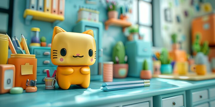 A whimsical 3D scene featuring a team of adorable, anthropomorphic office supplies (pencils, erasers, and paperclips) collaborating on a miniature, pastel-colored desktop