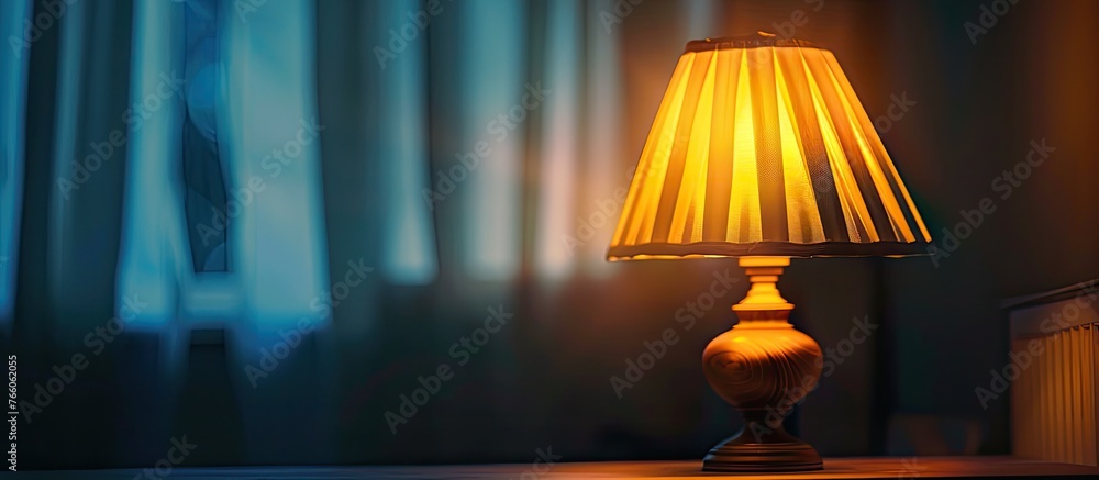 Poster an amber lamp with a wood base sits on a table in front of a window, casting tints and shades of lig