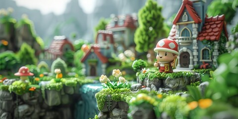 A miniature 3D world where productivity-themed obstacles (procrastination monsters, distraction hurdles) are overcome by cute, heroic characters focus knights, discipline wizards - obrazy, fototapety, plakaty
