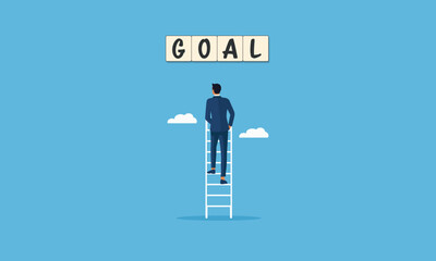 Businessman climbs ladder towards success amidst symbolic representations of career, money, and communication. Vector illustration.