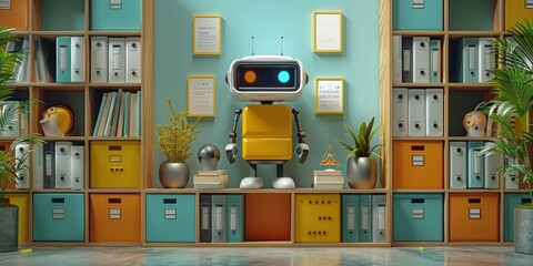 A cute, stylized 3D rendering of a tiny, determined robot efficiently organizing a giant, colorful filing cabinet filled with oversized, playful documents