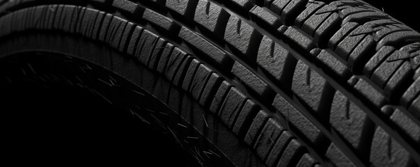 Closeup of damaged rubber tire from car isolated on black background 