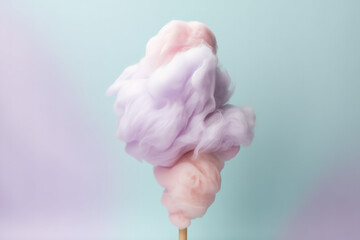 Delicious closeup of colorful pastel cotton candy in front of simple background 