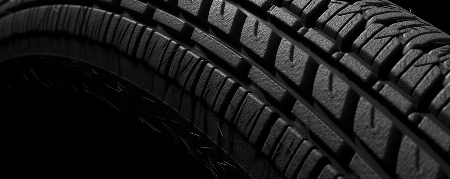 Closeup of damaged rubber tire from car isolated on black background 