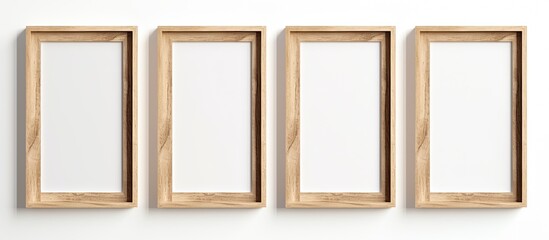 Four picture frames, made of wood and metal, are arranged in a row on a white wall. Each frame is a rectangle with glass, showcasing unique art pieces