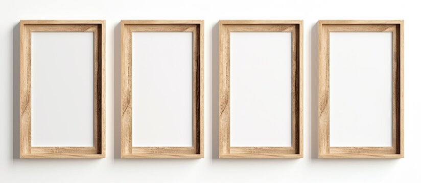 Four picture frames, made of wood and metal, are arranged in a row on a white wall. Each frame is a rectangle with glass, showcasing unique art pieces