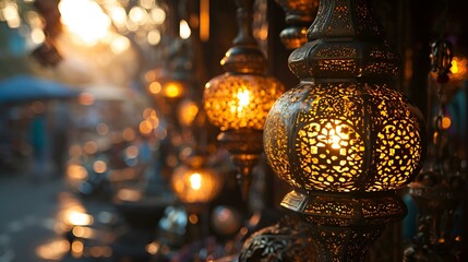decoration of Ramadan Kareem and Eid Mubarak with lanterns background