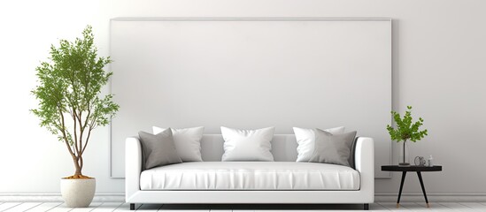 A cozy living room with a white sofa, wooden furniture, a potted plant, and a white wall. The modern studio couch provides comfort in the rectangular space - obrazy, fototapety, plakaty