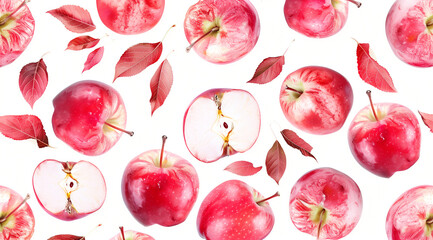 Organic fresh red apples with green leaves on white background for healthy eating concept