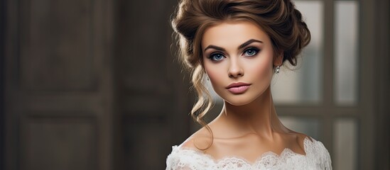 A fashion model with blond hair wearing a white wedding dress and electric blue eyeliner is standing in front of a window, showcasing a fashion design for an event makeover