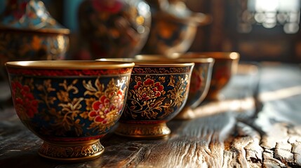 Tibetan singing bowls on ornate carpets in meditative setting