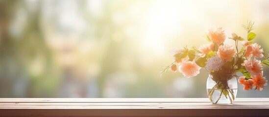 A beautiful vase filled with peach flowers is placed on a wood window sill, with the sky and grass outside creating a picturesque backdrop - obrazy, fototapety, plakaty