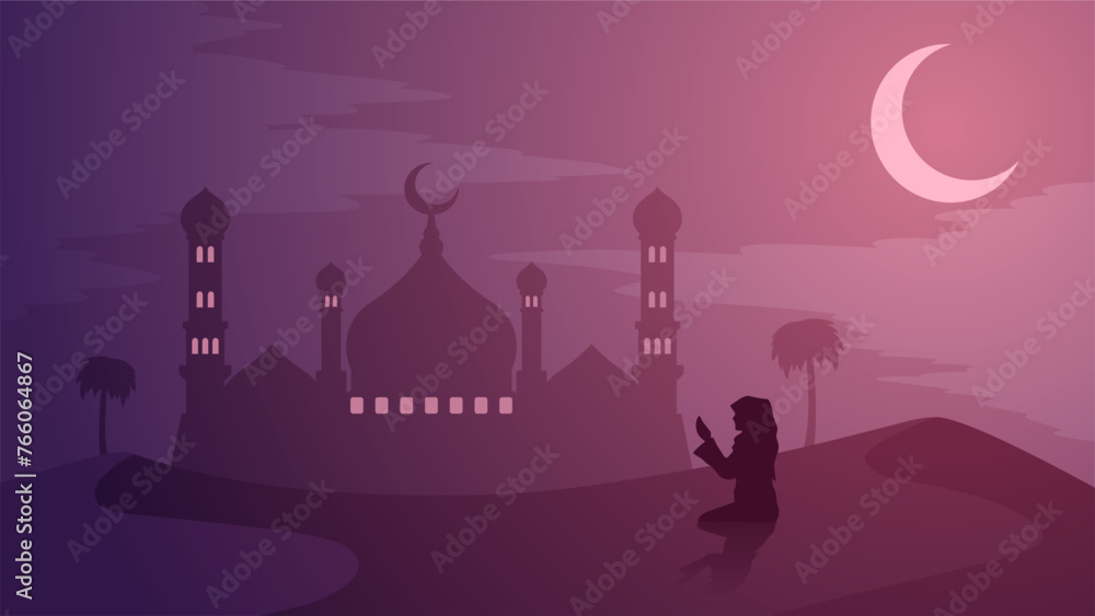 Poster ramadan landscape vector illustration. mosque silhouette at night with praying muslim in desert. mos